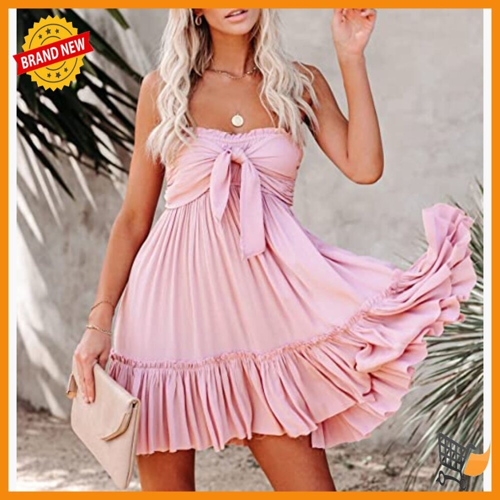 Cotton Rayon Tie Front Mini Dress Strapless Boho Beach Casual Summer - Picture 4 of 7